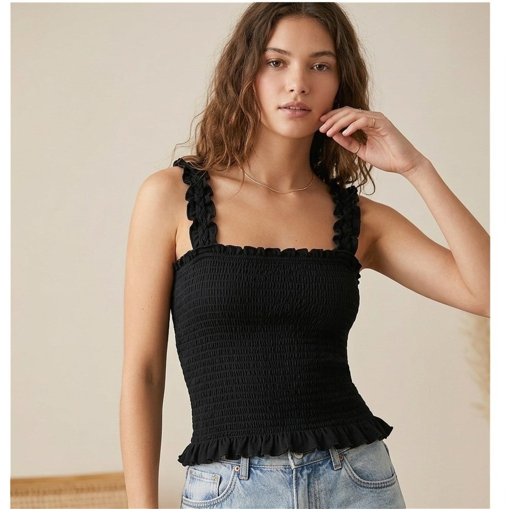Bozzolo Smocked Ruffle Strap Tank Top Cottagecore Coquette Cotton Black Small